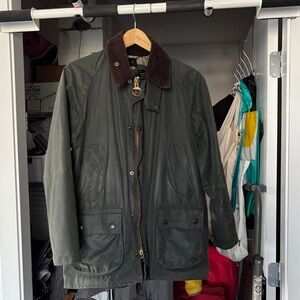 Barbour Bedale Size 34 Sage Waxed Jacket with Brown Corduroy Collar